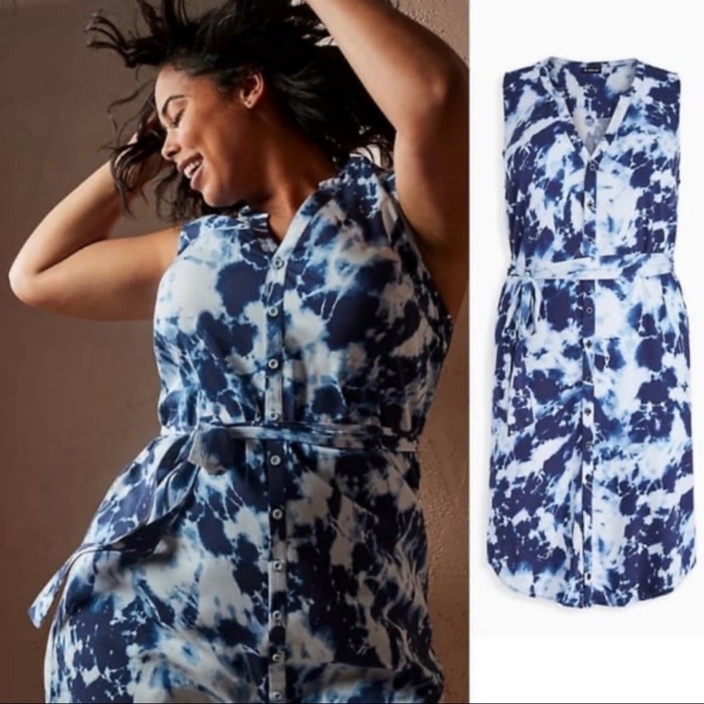 TORRID NAVY TIE-DYE CHALLIS SELF TIE SHIRT DRESS Sz 2x or 18/20